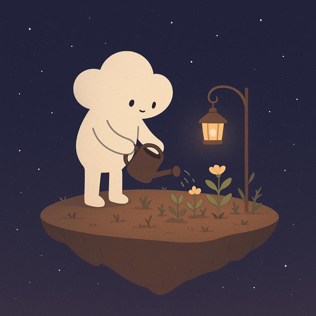 Minimalist digital art of the same cloud character on a slightly larger floating island at night, now standing up and gently watering a small cluster of plants and flowers that are starting to look healthier, some still with subtle thorns. The deep blue-purple starry sky wraps around the scene, while a warm lantern hangs from a thin branch or post, casting a calm, focused glow on the cloud’s small actions and the slowly healing, weathered soil. The mood is about slow progress and tiny wins, with clean lines and a soft, whimsical aesthetic.