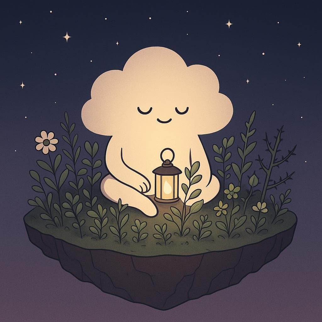 Clean, minimalist illustration of the cloud character peacefully sitting cross-legged on a floating island that has grown into a small, thriving garden of plants, flowers, and a few soft-thorned stems, all gently illuminated by a central warm lantern. The night background is a serene gradient of dark blue and purple with scattered stars, and the once-weathered ground now looks more stable though still textured with faint cracks as a reminder of past challenges. The overall composition is calm and hopeful, with the cloud character calmly tending to a plant, symbolizing ongoing self-care and emotional recovery in a dreamy, whimsical style.