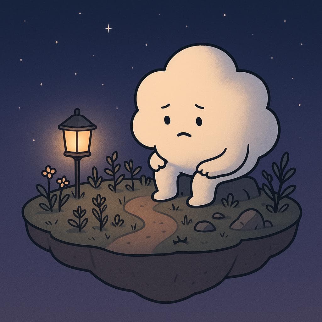 Digital illustration of a gentle, round cloud character sitting on the edge of a small floating island at night, looking a bit overwhelmed but curious as it gazes at a simple, half-grown garden of plants and tiny flowers around it. A few subtle thorns and weathered stones line the path, while a single warm lantern on a short post casts a cozy glow against a deep blue-purple starry sky, introducing the mood of soft struggle and possibility. Minimalist, clean lines and soft gradients emphasize calm, ADHD- and anxiety-friendly vibes.