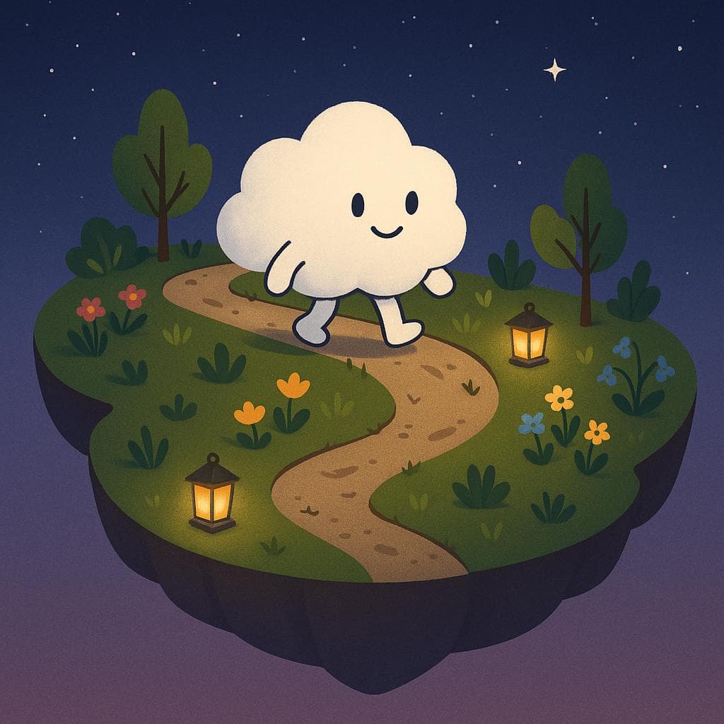 Digital illustration of the same friendly cloud character walking slowly along a winding path on a slightly larger floating island, where more plants, flowers, and a few small trees are sprouting in neat, tiny clusters like 1–5 minute habits. The path has occasional soft thorns and worn patches to symbolize challenges, but several warm lanterns gently light the way under a serene dark blue-purple starry night, suggesting progress and external supports like trackers and reminders. Minimalist, clean style with clear shapes and a calm, hopeful atmosphere.