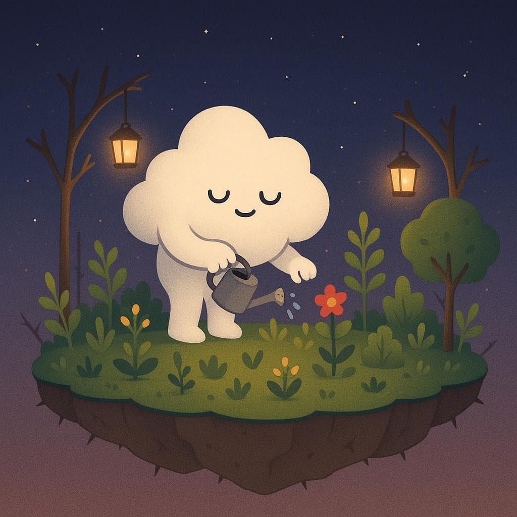 Digital illustration of the cloud character peacefully tending to a thriving, yet still simple garden of plants, flowers, and small trees on a stable floating island, using a tiny watering can as if caring for a gentle wellbeing routine. Subtle thorns and slightly weathered edges remain in the background, but multiple warm lanterns hang from branches and posts, casting a cozy glow against a tranquil dark blue-purple star-filled sky, creating a sense of sustainable calm and hope. Minimalist, clean composition with soft, rounded forms and a soothing, therapy-alternative feeling.