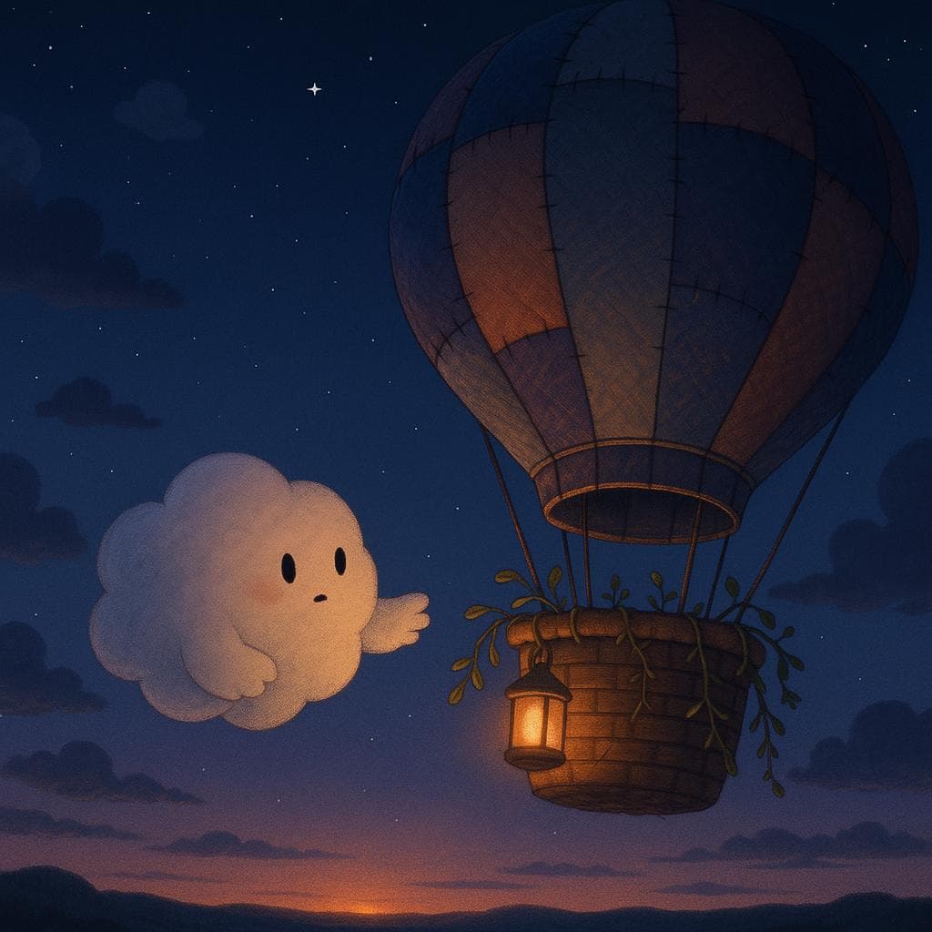 Wide establishing shot digital illustration of a twilight sky where a gentle round cloud character drifts up to a large patchwork hot air balloon, hesitating with a soft, curious expression as it reaches a puffy arm toward the wicker basket overflowing with trailing plants and tiny buds. The scene is bathed in deep blues and purples with a warm sunrise glow just peeking over the horizon, casting soft light on subtle thorns woven into the basket’s edges to hint at challenges. A single lantern hanging from the side of the basket provides a cozy focal glow, illuminating the cloud protagonist as they decide to climb aboard and begin their voyage.