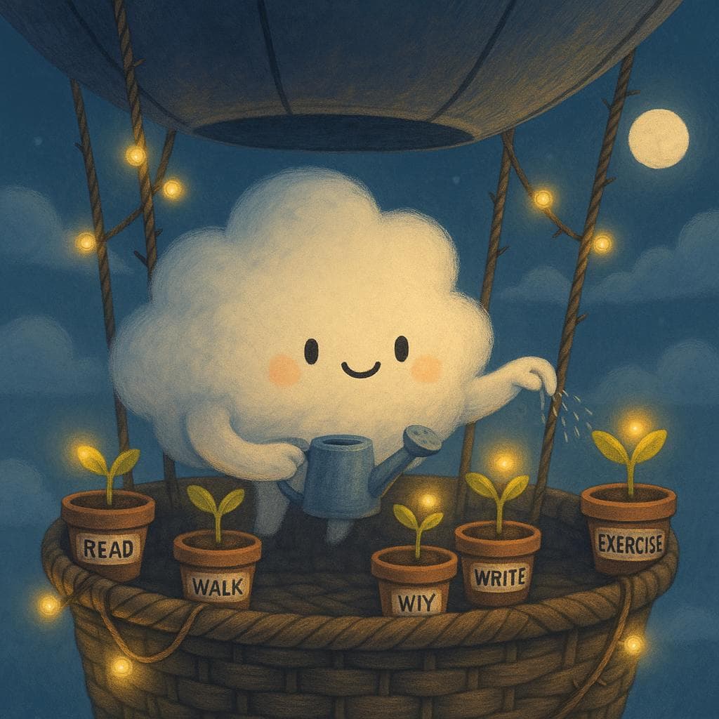 Medium shot digital illustration of the cloud character inside the wicker basket mid-voyage, surrounded by small, labeled plant pots representing tiny habits—each sprout just beginning to grow as the balloon floats through eye-level clouds. The cloud is actively reaching out to gently mist one tiny plant while others glow faintly, like miniature sunrise lights, showing that small, repeated actions add up. Soft moonlight and scattered fairy lights along the balloon’s ropes create a calm night atmosphere, with subtle weathered textures and a few soft thorns on the ropes symbolizing ongoing challenges that are now manageable.