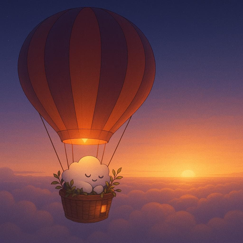 Wide, slightly overhead digital illustration of the hot air balloon at peaceful dawn, hovering above a soft sea of clouds as the sky melts from deep indigo to warm peach and gold. The cloud character is curled up contentedly in the wicker basket, nestled among thriving plants whose leaves now gently glow with sunrise light, the earlier thorns softened by new growth. The primary lighting comes from the rising sun with a faint remaining lantern glow, conveying a quiet sense of accomplishment and steady progress at the end of the voyage.