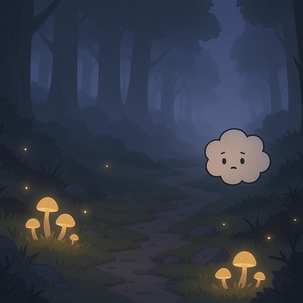 Wide establishing shot digital illustration of a misty forest clearing at twilight, with towering ancient trees fading into blue-purple fog and clusters of softly glowing mushrooms along a moss-covered path. A small round cloud character drifts in from the edge of the frame, looking a bit overwhelmed but curious, as warm light from scattered fireflies and faint bioluminescence contrasts with the dark, thorny undergrowth and weathered stones. Minimalist, clean style with muted colors and a gentle, mysterious mood.