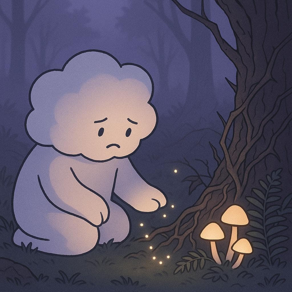 Medium shot digital illustration of the cloud character sitting low to the mossy ground in the same misty clearing, their soft form slightly drooping as they gaze at a tangle of thorny roots and rough bark etched with subtle crack-like textures. As they gently reach out, the mushrooms and nearby ferns brighten with bioluminescent glow, small fireflies gathering around their hand-like puff to create a ring of warm light that pushes back the blue-violet shadows. Clean minimalist style, muted palette, lighting primarily from the glowing mushrooms and fireflies, symbolizing small, realistic moments of calm amid heaviness.