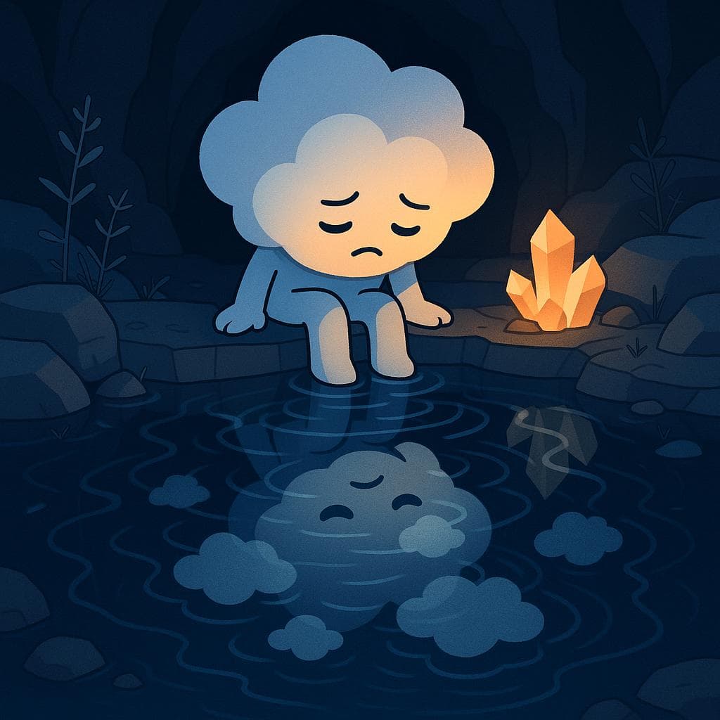 Medium shot digital illustration of the cloud character sitting at the edge of the underground pool, looking down at its own reflection, which is fractured into multiple shimmering cloud shapes by ripples of light from bioluminescent crystals. Around the pool, delicate cave plants with subtle thorns grow between weathered rocks, while a cluster of brighter warm-toned crystals near the cloud’s side glows like a tiny lantern, symbolizing small coping tools amid pressure. The lighting is a mix of cool cave blues and a focused warm accent glow on the cloud’s face, emphasizing both stress and quiet determination in a clean, minimalist style.