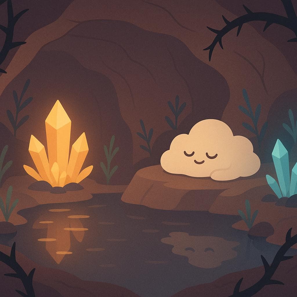 Wide, slightly overhead digital illustration of the underground crystal cave now feeling calmer and softer, the cloud character curled up comfortably on a smooth rock ledge beside the pool. The bioluminescent crystals and cave plants form a gentle arc around it, their light dimmer but warmer, with a few thorny vines now framing rather than crowding the scene as soft reflections dance on the water. A single cluster of warm golden crystals acts as the main light source, casting a peaceful twilight glow over the resting cloud to convey relief and a small sense of accomplishment in a clean, minimalist style.