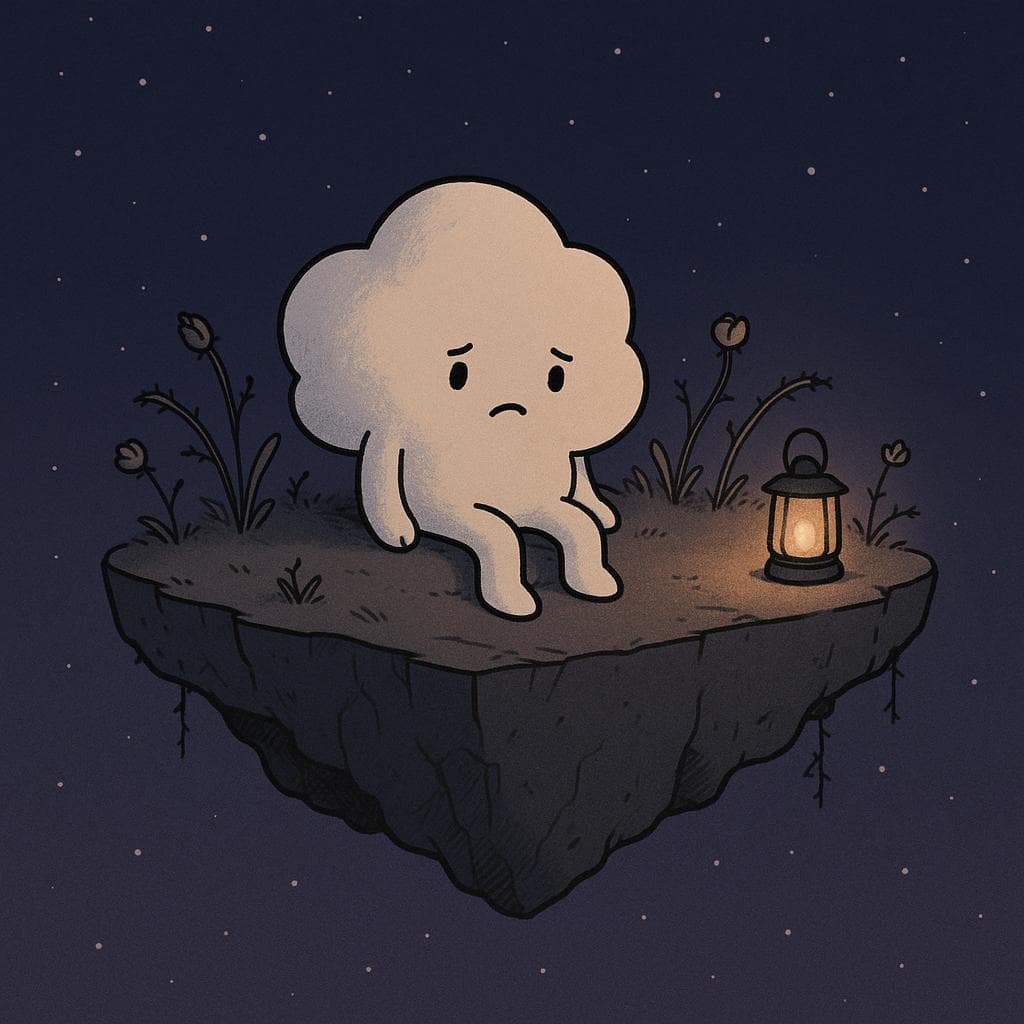 Digital illustration of a small, soft, round cloud character sitting slumped at the edge of a floating island at night, legs dangling over the side, surrounded by a few sparse, drooping plants and flowers with tiny, subtle thorns along their stems. The background is a deep blue-purple starry sky, with a single warm lantern on the ground casting a small, cozy pool of light that doesn’t quite reach the darker, weathered corners of the island, emphasizing the feeling of heaviness and quiet struggle. Minimalist, clean lines and muted colors highlight the contrast between the gentle character and the slightly worn, textured surface of the island.