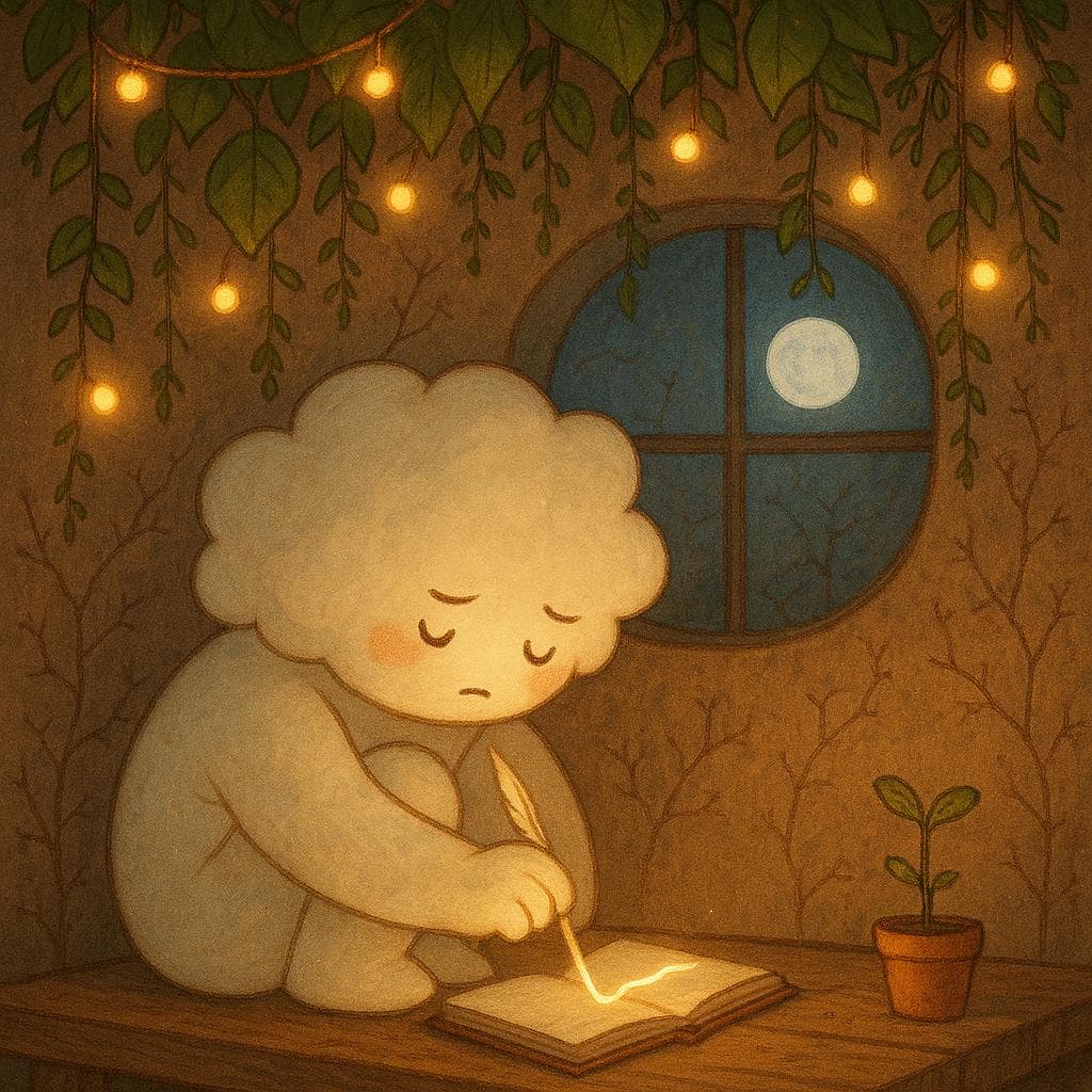Medium shot, digital illustration: The cloud character sits curled up on a low wooden platform under a canopy of hanging plants and fairy lights, a small journal open in front of them as they write a single glowing line that softly illuminates their pensive face. Moonlight filters through the round window, mixing with the warm fairy light to reveal faint weathered textures and tiny thorned stems along the walls, while nearby a tiny potted sprout reaches toward the light, symbolizing slow, gentle progress.