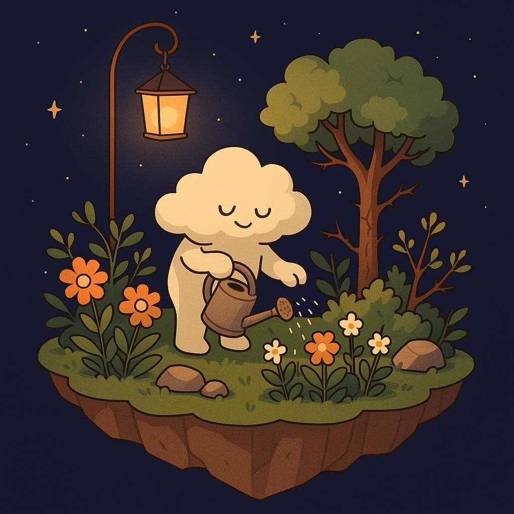The cloud character peacefully tends to a lush garden on a floating island, watering thriving plants, blooming flowers, and a small, healthy tree while a warm lantern hangs above, bathing the scene in a cozy golden glow. A few remaining thorns on older branches and slightly weathered stones are present but softened by the abundance of growth, showing that challenges remain but no longer dominate. The dark blue-purple starry night sky, floating island aesthetic, and clean, minimalist digital illustration style convey a hopeful, grounded sense of calm and a sustainable rest routine.