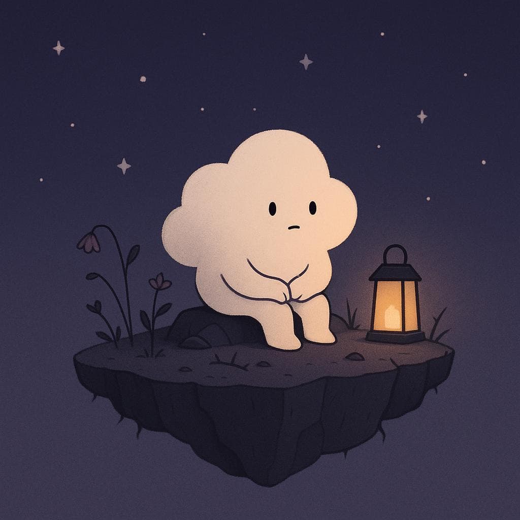 A minimalist digital illustration of a gentle, round cloud character sitting on the edge of a small floating island at night, surrounded by a few delicate plants and flowers that lean slightly as if unsure. The dark blue-purple sky is scattered with soft stars, while a single warm lantern glows beside the cloud, casting a cozy light that contrasts with subtle thorns and slightly weathered rocks on the island to represent quiet, internal challenges. The mood is introspective and relatable, capturing the feeling of not quite belonging while still being held in a calm, dreamy atmosphere.