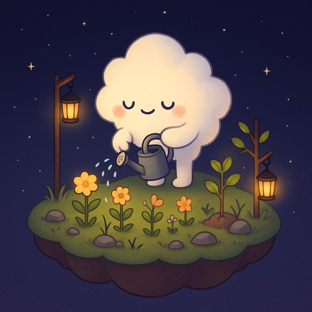 A clean, whimsical digital illustration of the same soft cloud character standing on a slightly larger floating island at night, gently watering a cluster of small plants, flowers, and a tiny tree that are beginning to grow taller among a few unobtrusive thorns and weathered stones. The dark blue-purple starry sky surrounds the scene, while several warm lanterns hang from simple posts or branches, illuminating the island with a cozy glow that symbolizes small steps of progress against imposter feelings. The composition feels balanced and hopeful, showing growth in a calm, dreamy environment without being overly dramatic.