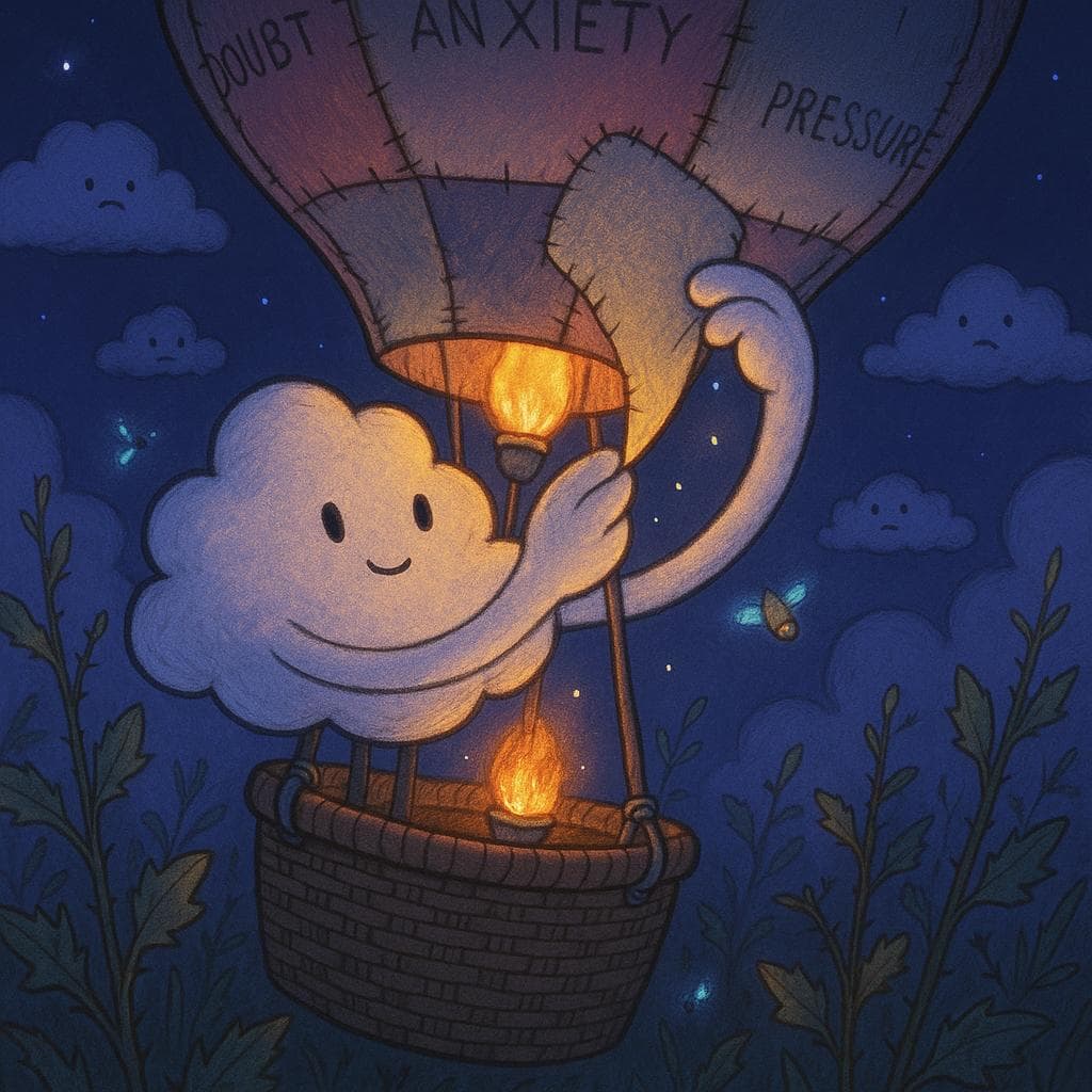 Medium shot digital illustration from slightly above, showing the cloud character inside the wicker basket mid-voyage, surrounded by gently swaying plants whose leaves have small thorns and weathered edges. The patchwork balloon looms overhead with stitched panels labeled faintly with words like “doubt,” “anxiety,” and “pressure,” while the cloud character uses both puff-hands to gently peel one labeled patch away, revealing a softer, glowing fabric beneath; bioluminescent fireflies and a warm burner flame provide contrasting blue-purple and amber lighting in the night sky. The clouds at eye level form a loose audience around the balloon, suggesting quiet support as the character actively transforms their environment.