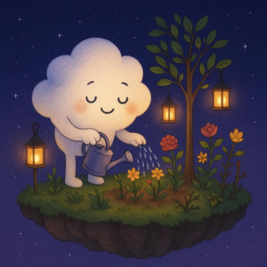 A soothing digital illustration of the cloud character peacefully tending to a small garden on a floating island at night, carefully watering plants and flowers that now bloom more fully around a young tree, with a few remaining thorns integrated gently into the scene. The dark blue-purple starry sky wraps around the island, while multiple warm lanterns hang from branches and simple posts, casting a cozy light over the cloud’s calm, content expression. The island’s slightly weathered textures and thriving greenery convey that challenges are still present but manageable, closing the story in a hopeful, grounded, and self-compassionate mood.