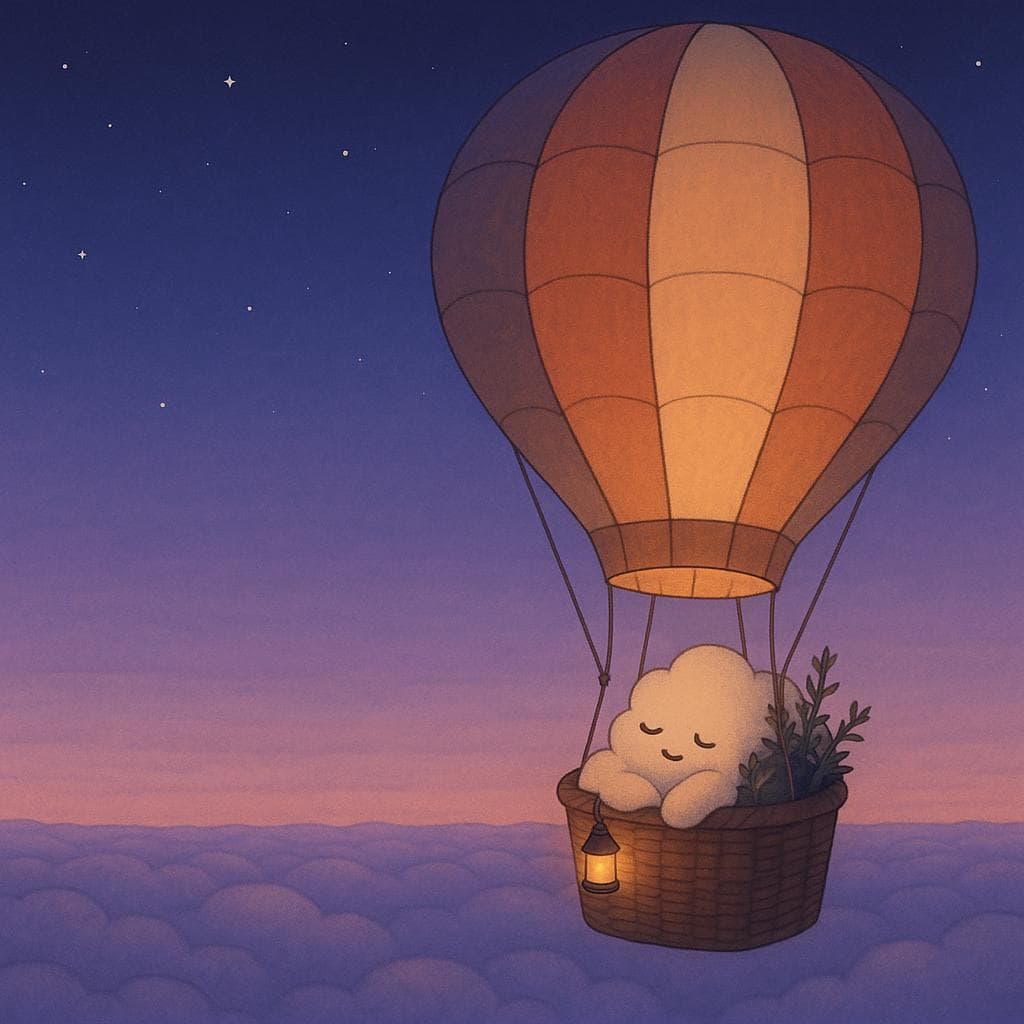 Wide, serene digital illustration of the hot air balloon floating high above a calm cloud sea at early dawn, with the sky shifting from deep indigo to soft lavender and peach. The cloud character is curled up cozily in one corner of the wicker basket, leaning against a cluster of now-thriving plants whose thorns have softened, eyes gently closed in contentment while the patchwork balloon above shows more light, warm-toned panels than dark ones. A single small lantern hanging from the basket provides a soft golden glow on the cloud’s relaxed face, emphasizing a mood of quiet accomplishment and inner peace at the end of the voyage.