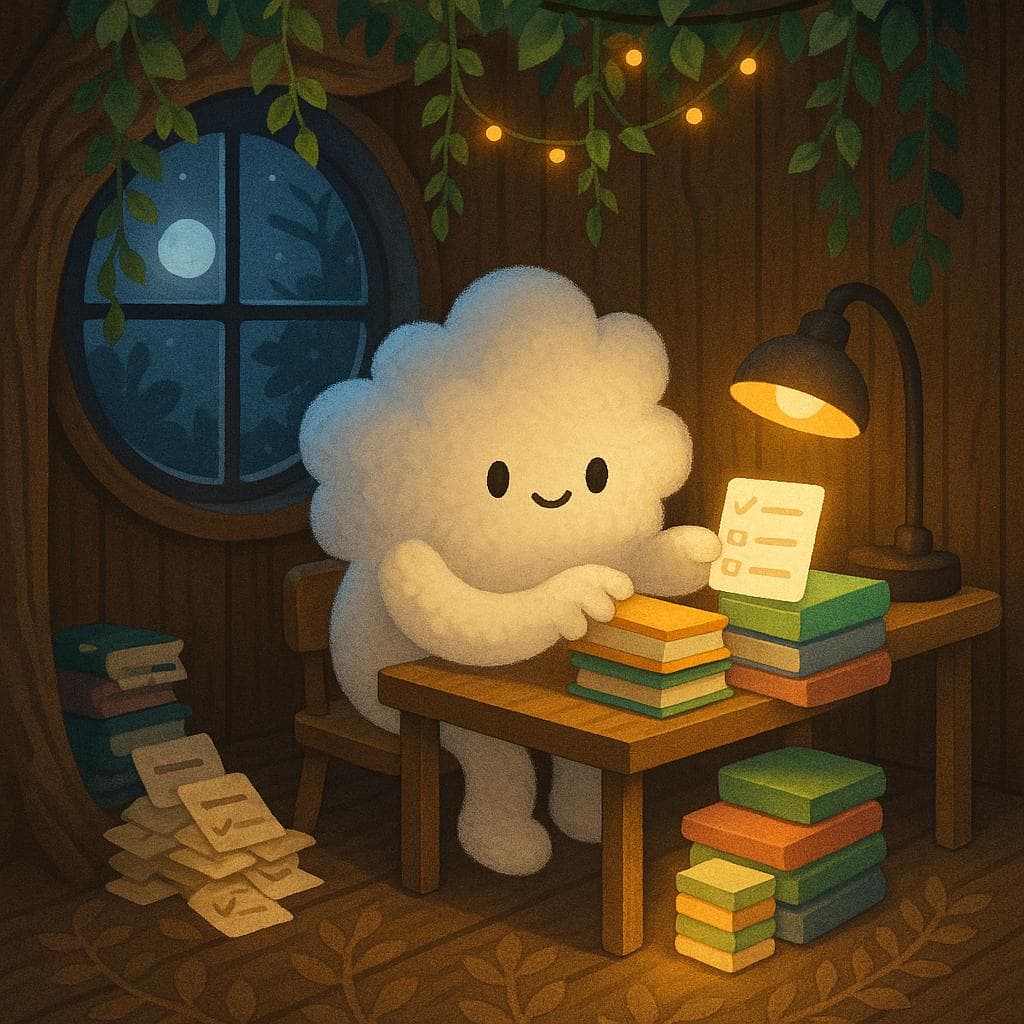 Medium shot, digital illustration: Inside the treehouse, the cloud character sits at a small wooden desk beneath a canopy of hanging plants and fairy lights, its fluffy arms reaching out to gently rearrange a chaotic pile of books and glowing to-do list cards into a calmer, color-soft stack. The scene is lit by the cool moonlight from a round window on one side and the warm halo of a desk lamp on the other, creating a balanced, introspective mood as faint thorn patterns in the floorboards soften into leaf shapes around the cloud’s feet.