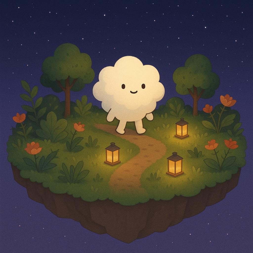 The same cloud character now stands in the center of a slightly larger floating island, surrounded by more plants, small trees, and blooming flowers that still have subtle thorns and a few weathered edges. Several warm lanterns are placed along a simple path, their golden light contrasting with the deep blue-purple starry night sky in this minimalist digital illustration. The composition suggests slow, realistic progress as the character explores tiny steps toward balance and structure.