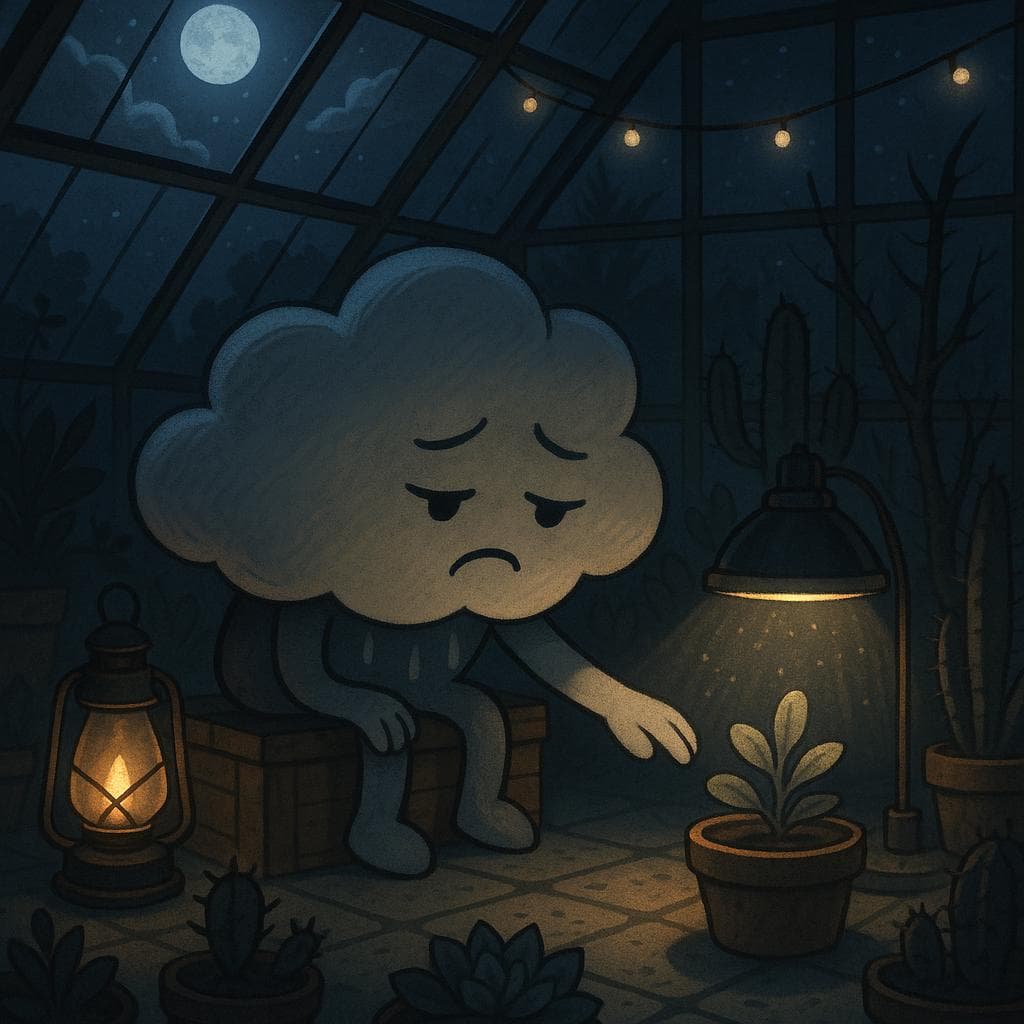 Medium shot digital illustration inside the moonlit rooftop greenhouse, where the cloud character slumps slightly on a wooden crate, looking dim and drizzly as pale moonlight filters through glass panels and throws long shadows across succulents and a few thorny, weathered plants. A single warm lantern and scattered string lights gently brighten only part of the scene, symbolizing how light, sleep, and routines shape mood, as the cloud reaches toward a small plant under a grow lamp that’s starting to glow a bit brighter, suggesting tiny, doable steps toward feeling better.