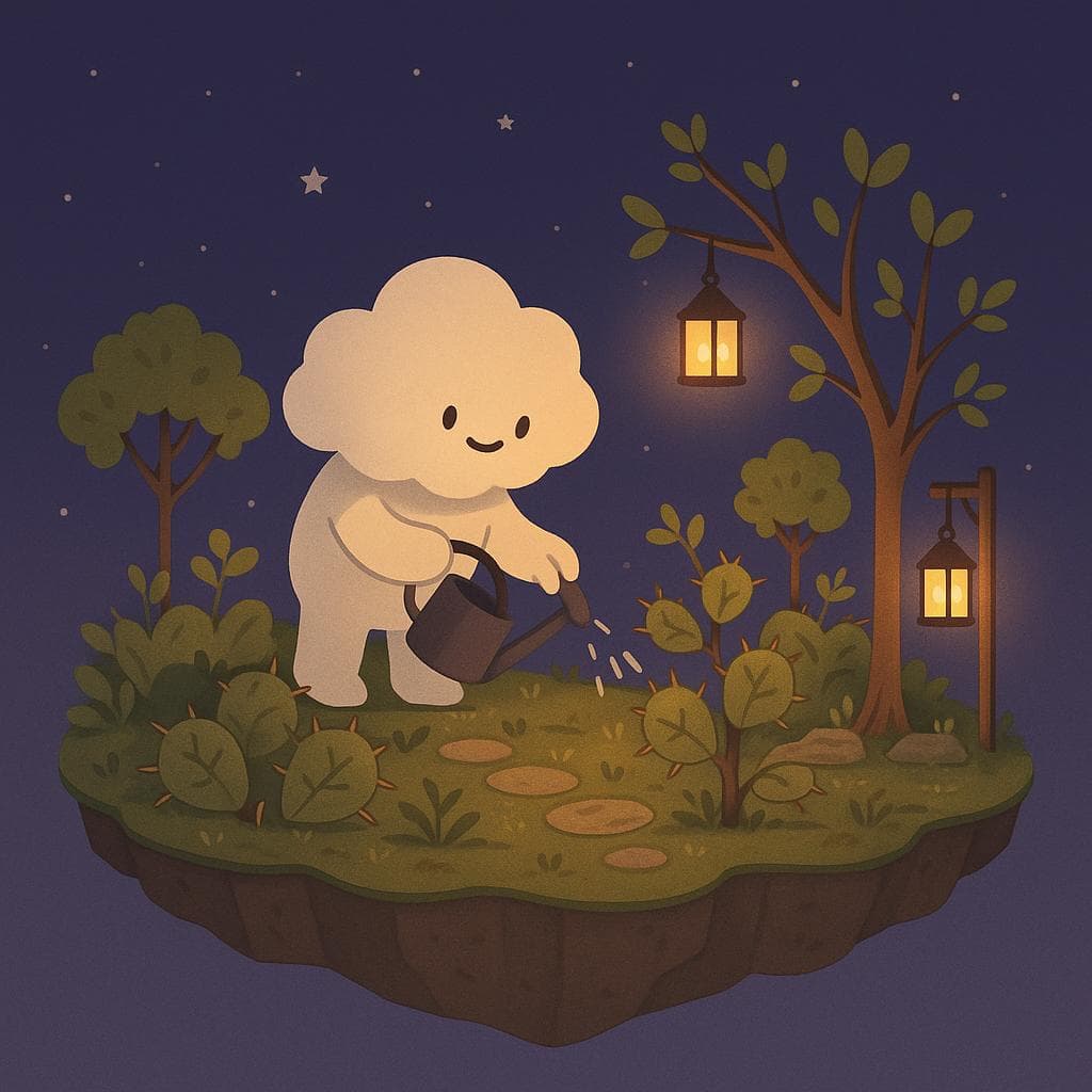 In the final scene, the cloud character gently tends to a lush garden on a serene floating island, watering plants and small trees that are thriving despite their delicate thorns and a few textured, weathered details. Multiple warm lanterns hang from branches and posts, creating a cozy halo of light against the calm dark blue-purple night sky filled with soft stars in a clean, minimalist illustration style. The overall mood is hopeful and calming, showing that with small, steady care, the character has built a peaceful seasonal sanctuary.