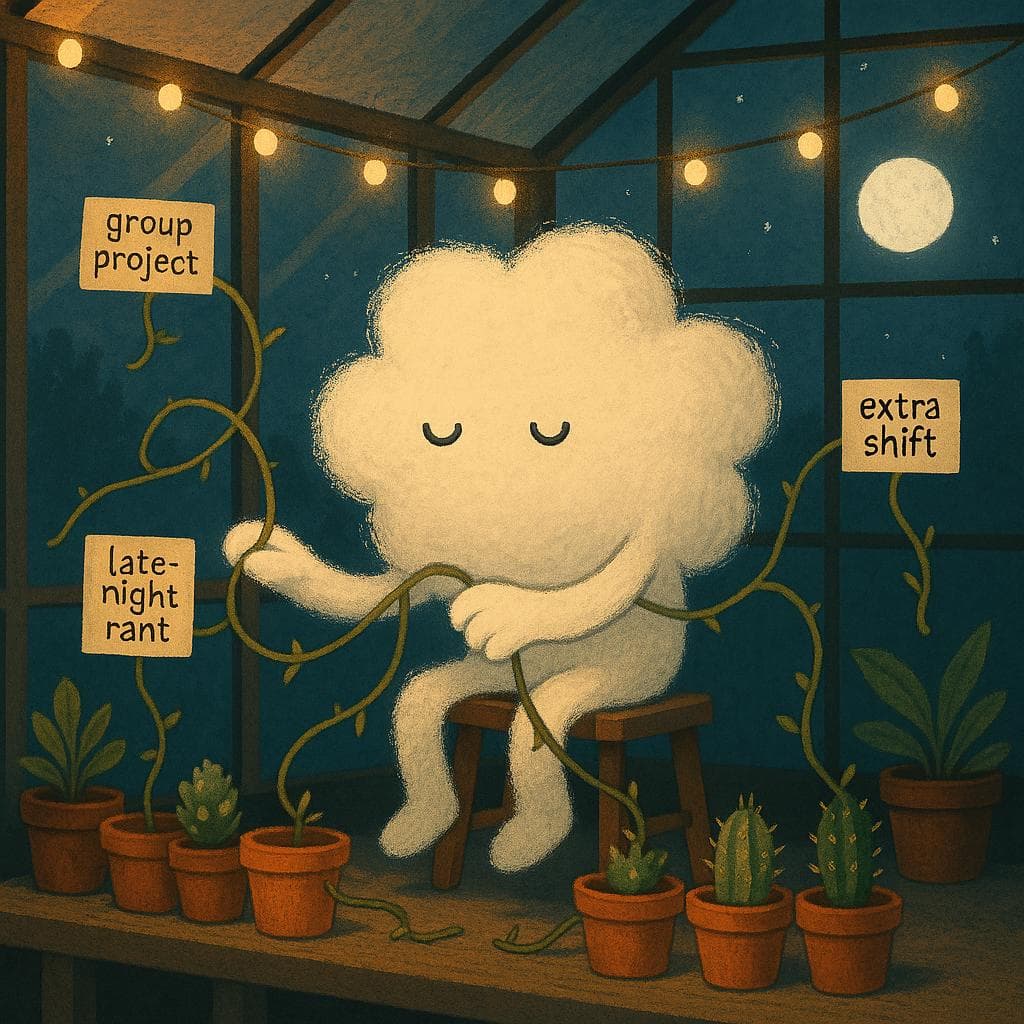 Medium shot digital illustration inside the rooftop greenhouse, the cloud character seated on a simple wooden stool at the center, its edges slightly frayed and stretched as several vine-like plants tug at it from different directions, each labeled with tiny tags like “group project,” “late-night rant,” and “extra shift.” The cloud is gently, deliberately unlooping one vine at a time and placing it into separate terracotta pots along a low shelf, where tiny succulents and cacti with small thorns mark new boundaries between plants. Lighting comes from a string of warm fairy lights overhead and cool moonlight through the glass, creating a calm but emotionally charged contrast of warm focus and cool night outside the panes.