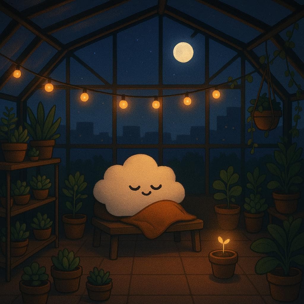 Wide overhead view digital illustration of the rooftop greenhouse now calmer and cozier, with string lights dimmed to a warm amber and the moon higher in a deep indigo sky beyond the glass panels. The cloud character is curled up comfortably on a simple bench with a small blanket, edges smoother and expression peaceful, one tiny sprout in a nearby pot glowing gently as if newly cared for. The surrounding succulents and vines feel more organized and tended, suggesting a quiet sense of relief and small but real progress in this serene urban refuge.