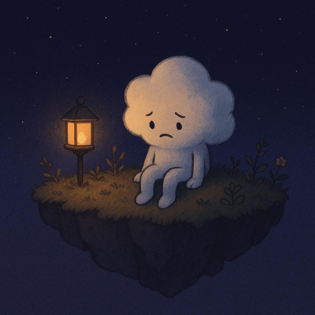 Digital illustration of a small, round, gentle cloud character sitting on the edge of a floating island at night, legs dangling as it looks down, looking a bit slumped and unsure. The island is sparse with a few small plants and flowers, some with tiny thorns or slightly weathered leaves, and a single warm lantern on a short post casting a soft glow that only reaches part of the scene; beyond that, deep blue-purple sky with scattered stars creates a quiet, contemplative mood. Composition is a medium-wide shot, emphasizing the contrast between the cozy lantern light and the vast, starry darkness to reflect confusion between burnout and deeper sadness.