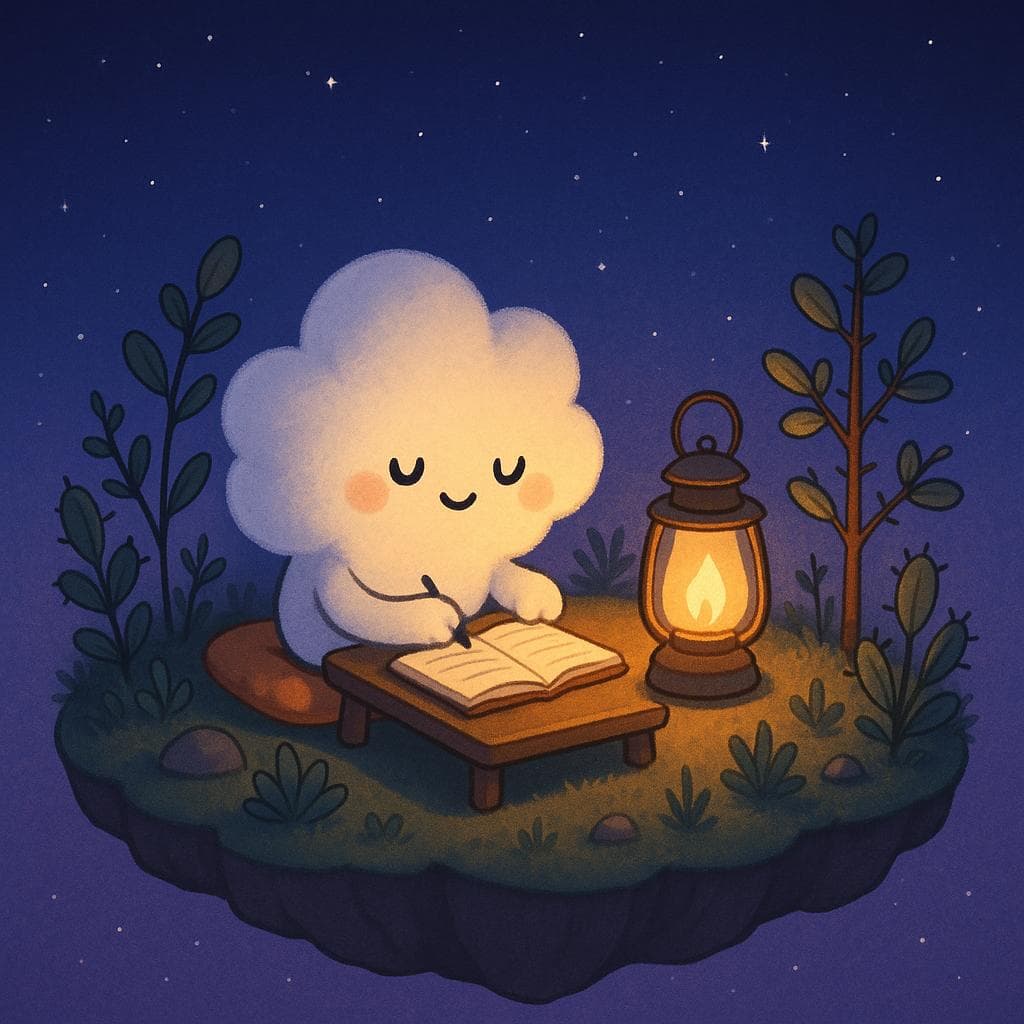 Digital illustration of the cloud character in a peaceful study nook on a floating island at night, sitting comfortably on a cushion beside a low table with a glowing warm lantern and an open journal. Around the nook, plants and small trees with a few soft thorns are thriving, gently leaning into the lantern light, while the background fades into a calm star-filled blue-purple sky. The composition is an intimate close-up scene that still shows the island’s edge and a bit of the dreamy space beyond, conveying a grounded, hopeful mood of understanding, ongoing care, and gentle progress.