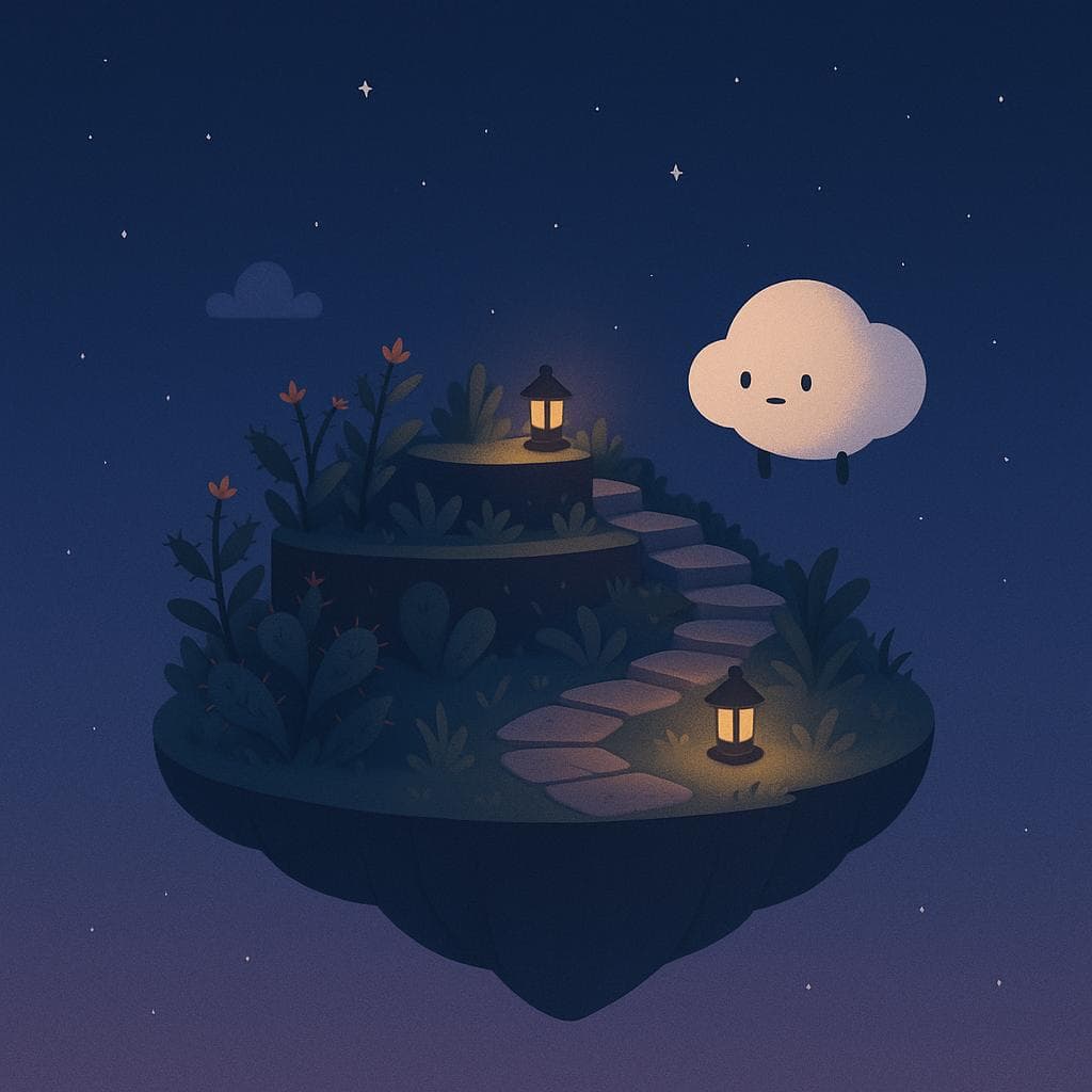 Wide establishing shot digital illustration of a small floating island garden drifting in a deep twilight sky, with terraced plants and a winding stone path lit by a few soft lanterns. A gentle round cloud character hovers at the edge of the island, looking a bit unsure but curious, as if just arriving in this quiet, star-speckled space; subtle thorns peek from some plants and the stone path is slightly weathered. Lighting comes from the warm lanterns and faint starlight, in a minimalist, clean style with muted blues and purples and soft golden accents.