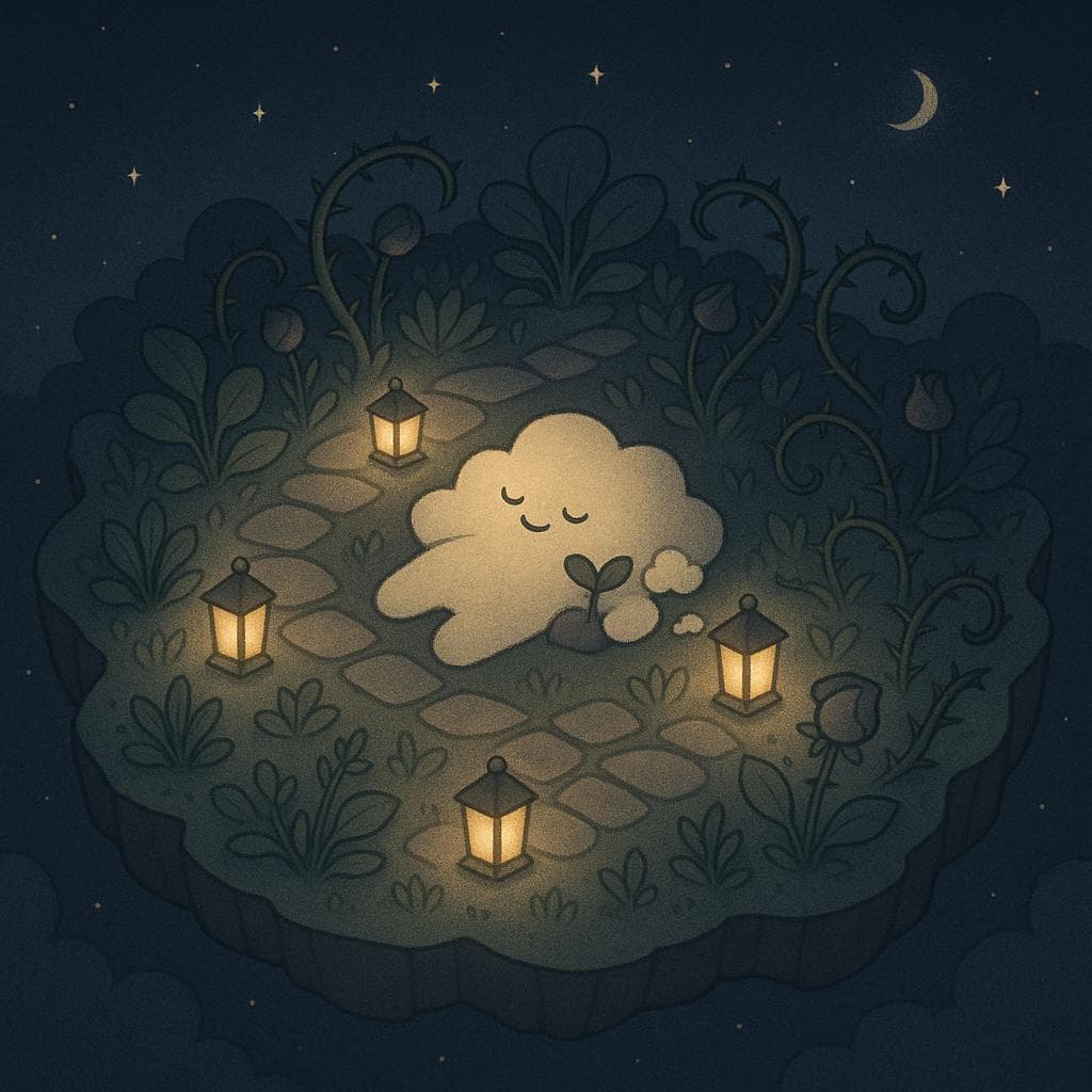 Overhead medium-wide shot digital illustration of the floating island garden now softly aglow, stone paths gently lit by multiple lanterns nestled among the plants and a few softened thorny stems. The cloud character lies relaxed on a flat stone near the center, slightly smiling, with a small sprouting plant cradled beside them and a couple of tiny cloud-like companions forming near their edges, suggesting new connections. Night sky filled with calm stars, warm lantern light and faint moonlight creating a peaceful, resolved mood in a minimalist, muted color palette with gentle textures.