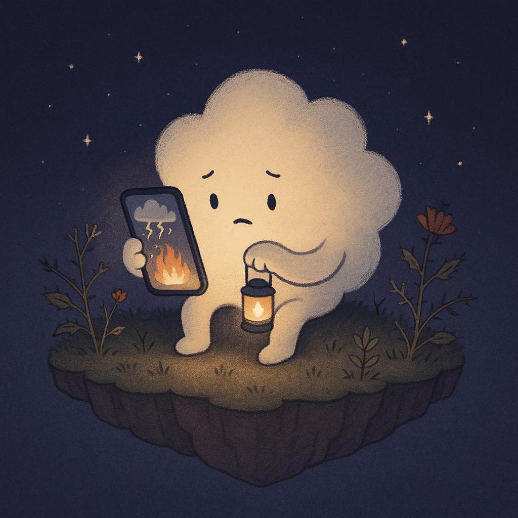 Digital illustration of a gentle, round cloud character sitting on the edge of a small floating island, clutching a tiny warm lantern as it scrolls a glowing phone showing distant storms and wildfires. Around the cloud are a few sparse plants and flowers with subtle thorns and slightly weathered leaves, hinting at challenges, while a dark blue-purple night sky filled with soft stars surrounds them in a dreamy, minimalist scene. The overall mood is tender and relatable, balancing quiet anxiety with a cozy, introspective atmosphere.