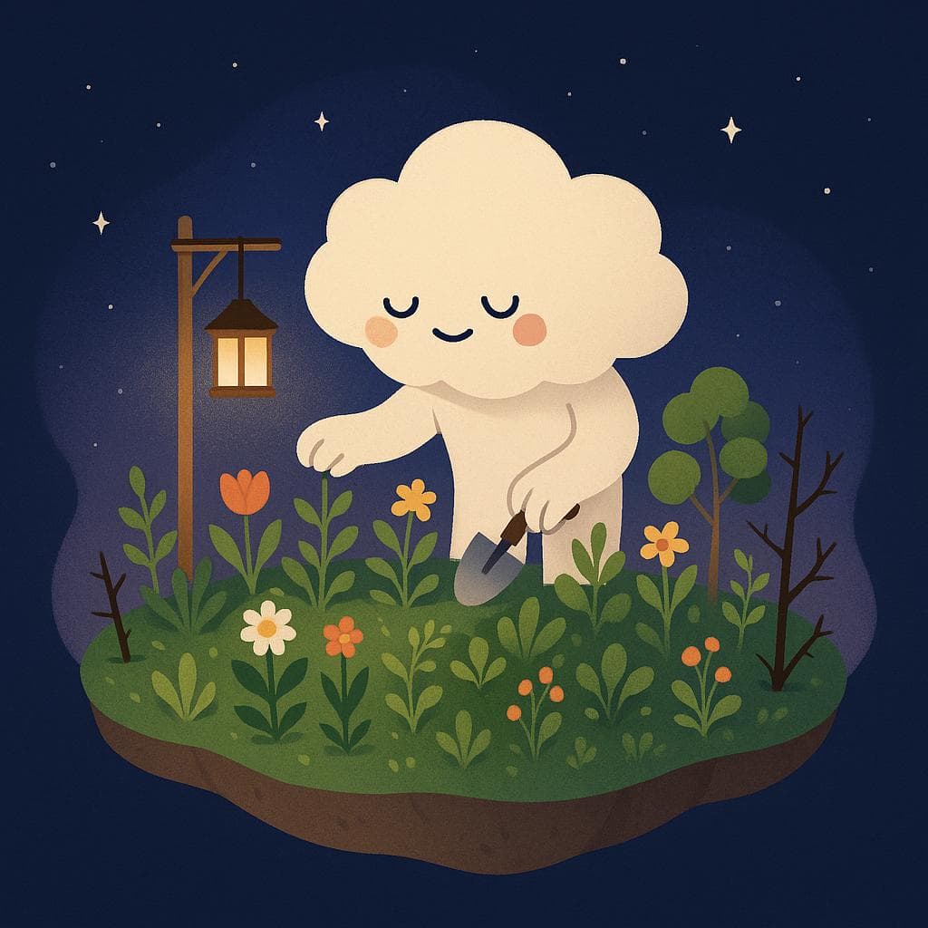 Clean, minimalist illustration of the cloud character peacefully tending to a lush, thriving garden of plants, flowers, and small trees on a cozy floating island, with a few remaining thorns and weathered stems integrated gently into the landscape. The cloud hangs a warm lantern from a simple wooden post, its golden glow softly lighting the garden while a serene star-filled night sky in dark blue and purple wraps around the scene. The overall composition feels hopeful and calming, suggesting acceptance, ongoing care, and emotional resilience in a whimsical, dreamy world.