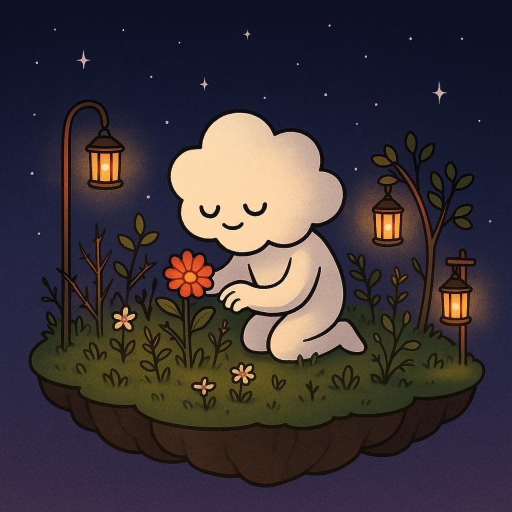 The cloud character kneels peacefully on a floating island that has become a small, thriving garden, carefully tending to flowers and plants that still include a few soft thorns and weathered stems as reminders of past struggles. Multiple warm lanterns hang from simple posts and branches, casting an inviting glow against the dark blue and purple night sky scattered with calming stars, while the composition remains clean and uncluttered. The minimalist illustration feels hopeful and steady, showing the cloud character at ease as they nurture their own ongoing growth and wellbeing.