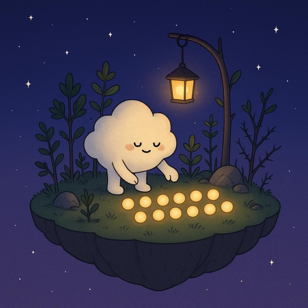 A clean, whimsical digital illustration of the same cloud character standing on a slightly larger floating island at night, surrounded by more plants and small trees that are beginning to grow taller, with a few thorny stems and weathered rocks hinting at ongoing challenges. The cloud is gently organizing glowing orbs that represent thoughts into neat rows under the warm light of a hanging lantern, while stars sparkle in the deep blue-purple sky. The scene feels like slow, realistic progress—still carrying weight, but with a clearer path and more stability.
